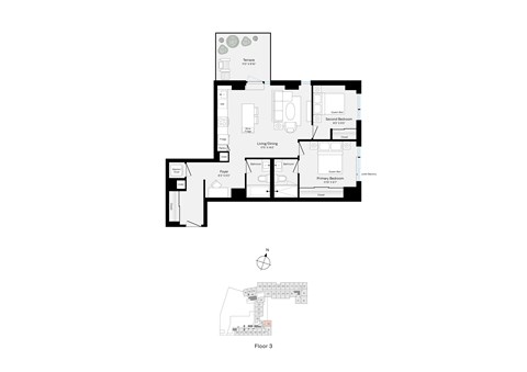 Floor plan for 2 beds, 2 baths, 870 sqft